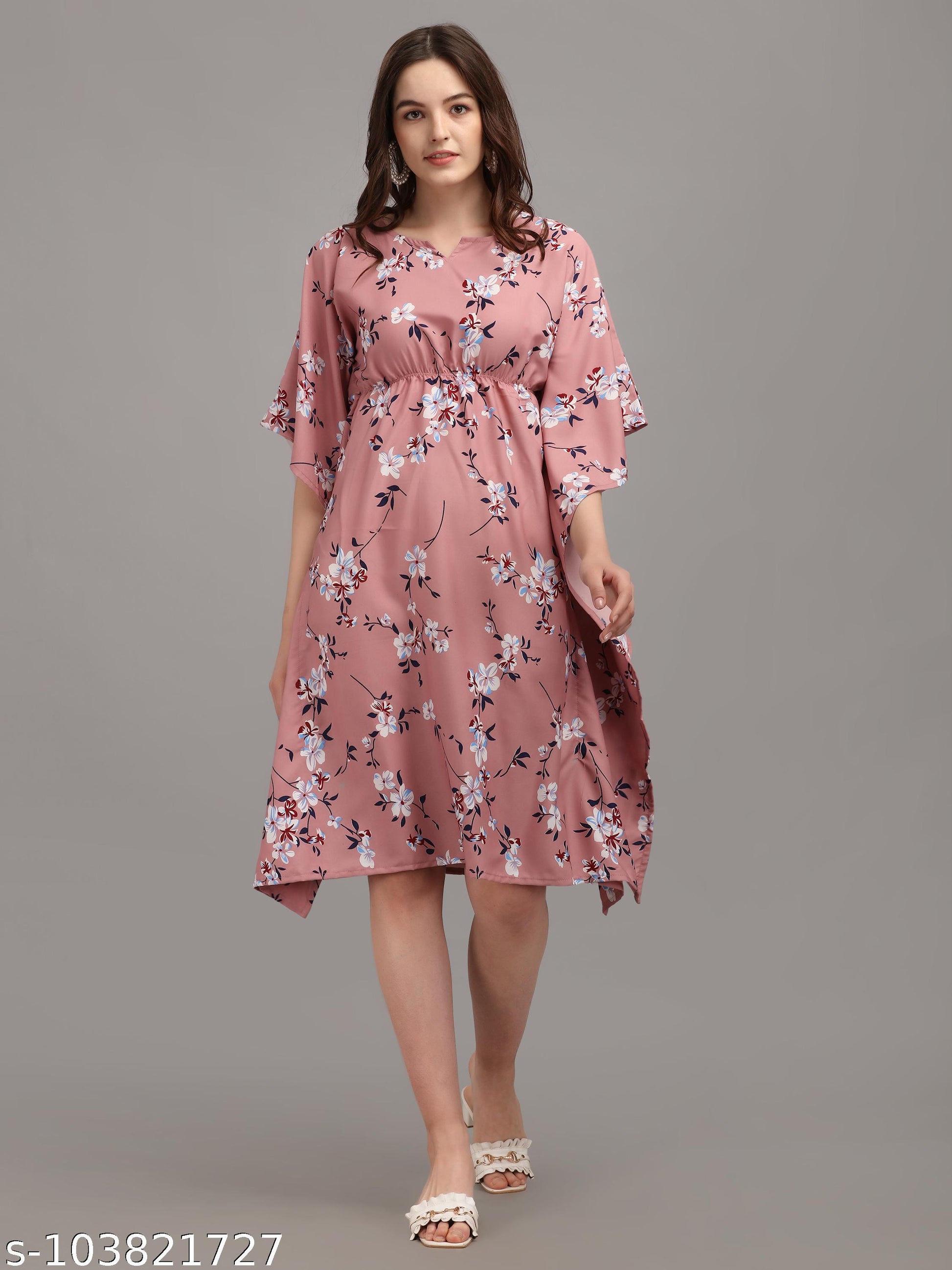 Women's Wine & White Floral Print Kaftan Dress - Unixkart - View 4