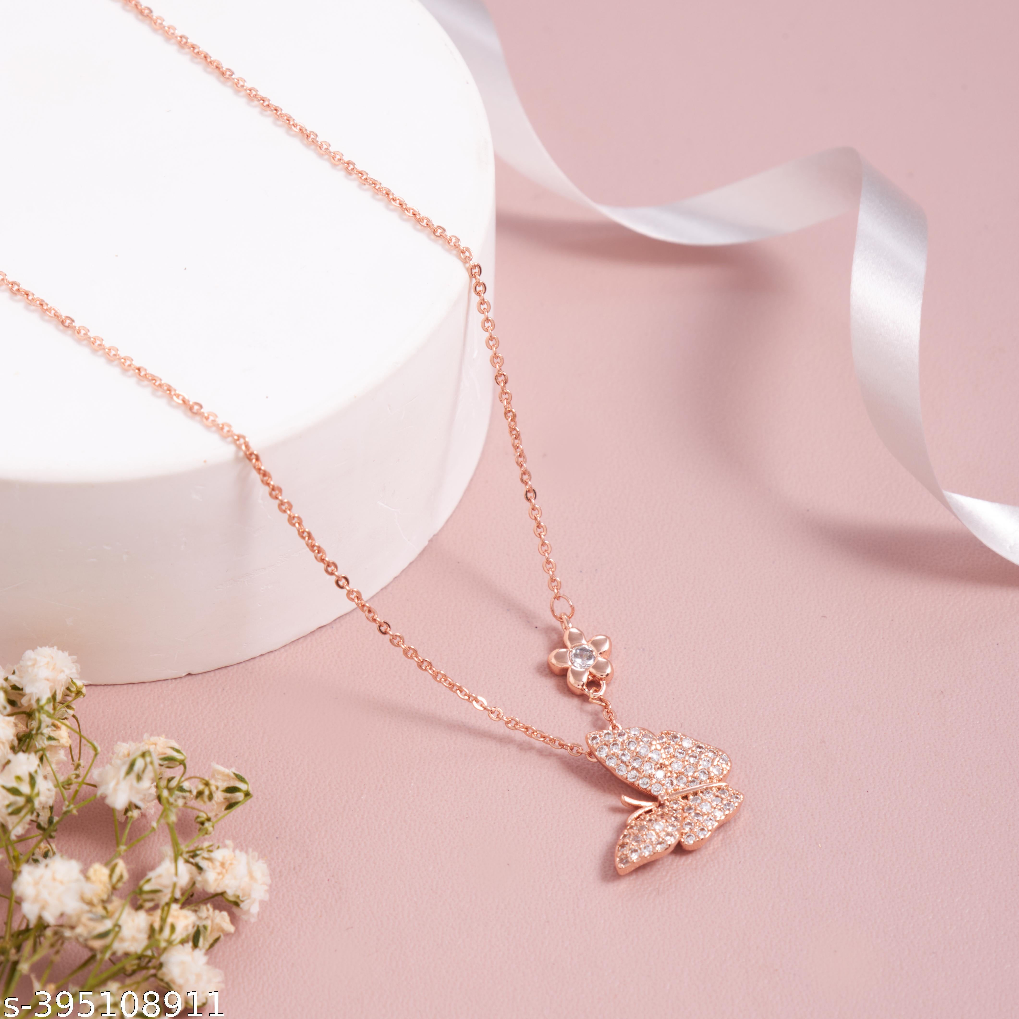 Elegant Rose Gold-Plated Butterfly Pendant Necklace with American Diamond Detailing for Women and Gi - Unixkart - View 4