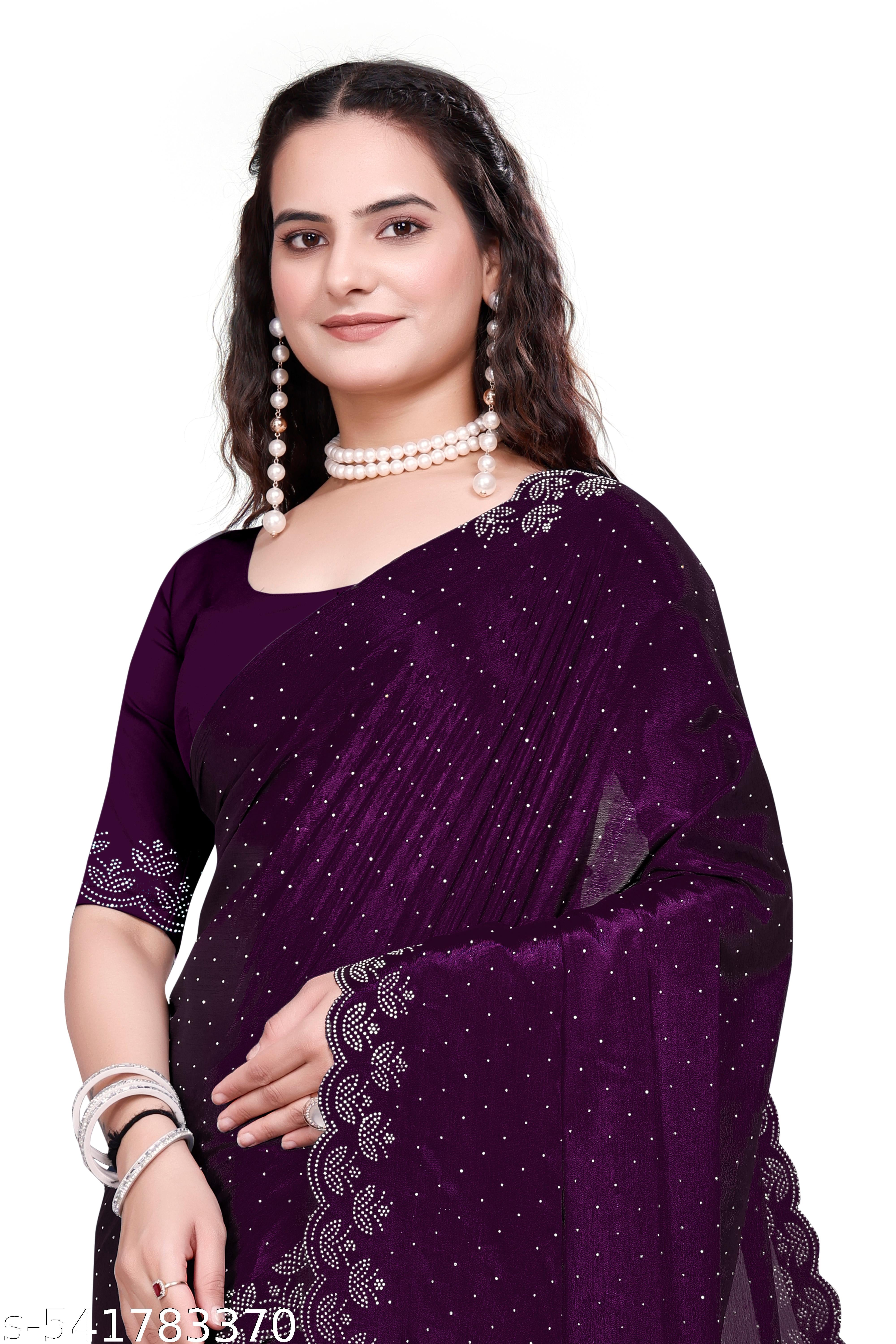 Women's Georgettete Embellished Work Chiffon Saree with Unstitched Blouse, Purple - Unixkart