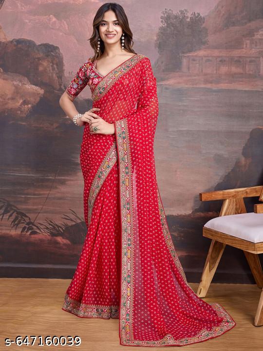 Embroidered Pure Georgettete Bandhani Saree - Unixkart